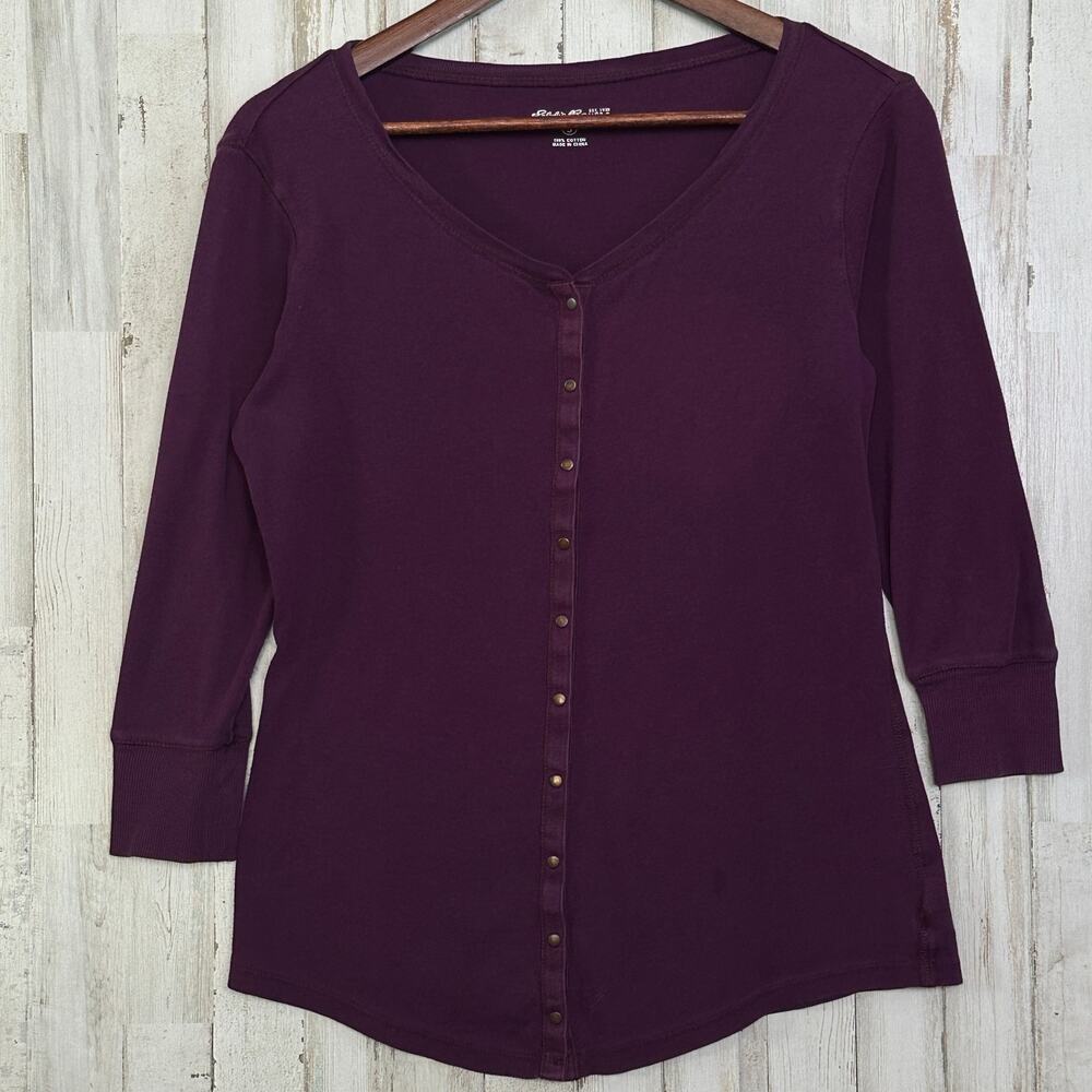 Eddie Bauer 100 Cotton Cardigan Fitted Small Dark Purple Y2K Grunge Preppy EUC